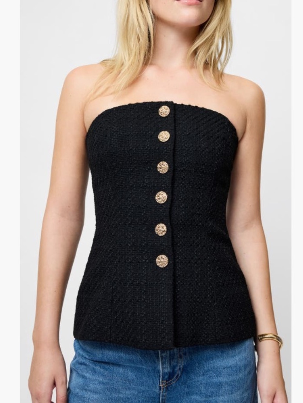 French Connection Black Structured Tweed Strapless  Top with Gold Buttons